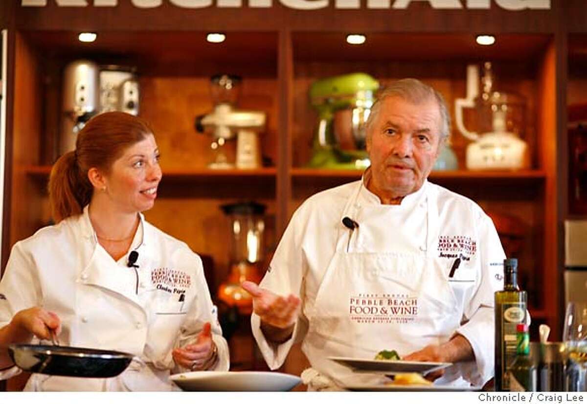 Photo of chef Jacques Pepin (right) and his daughter, chef Claudine Pepin, during an event about chef Jacques Pepin and his cooking. The first annual Pebble Beach Food and Wine festival at Pebble Beach, Calif., on March 28, 2008. Photo by Craig Lee / The San Francisco Chronicle