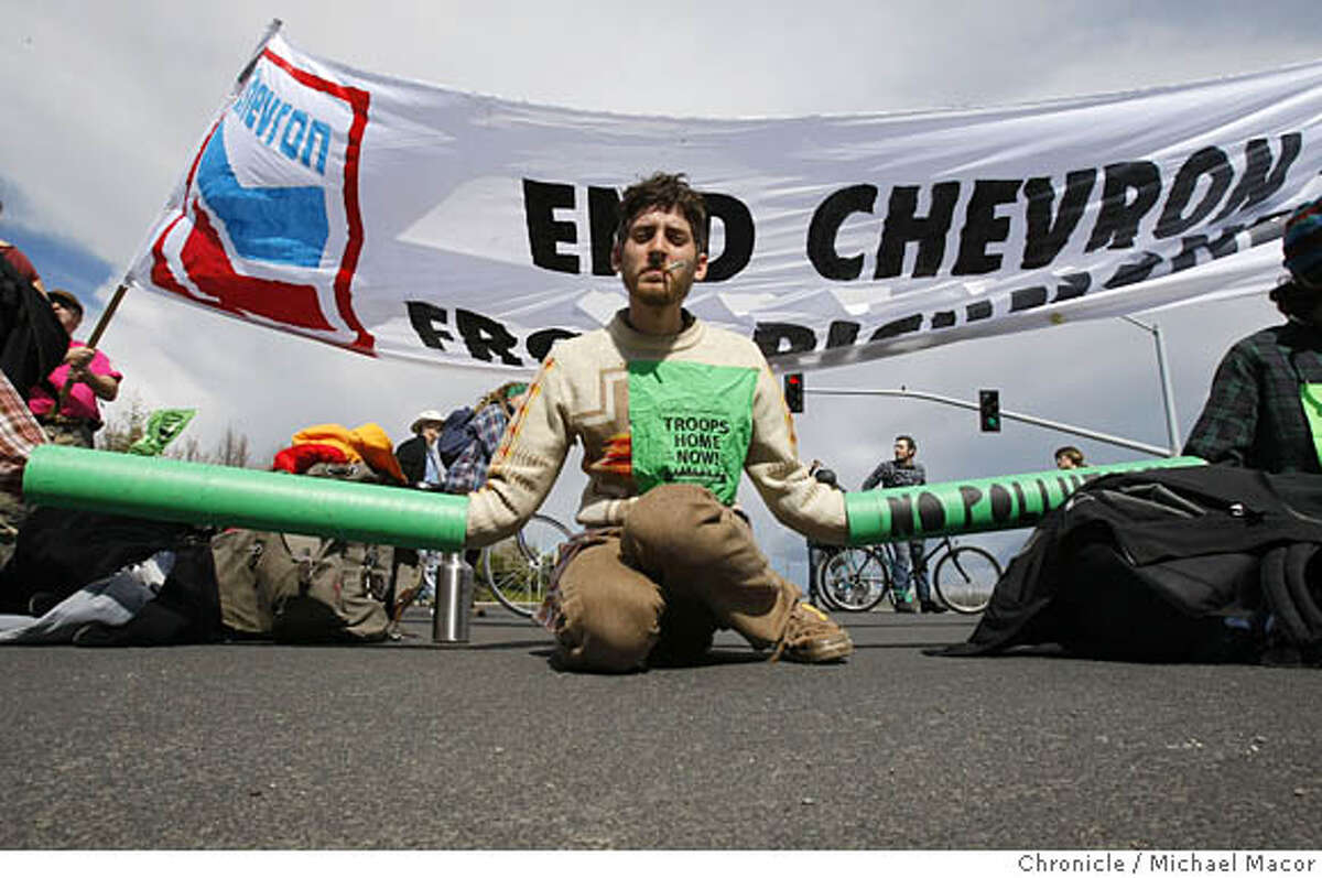 Noah, joined about 50 other protesters, many who chained themselves together in front of the Oil Refinery in Richmond, Calif., blocking the Castro St. entry into the plant,, on Mar. 15, 2008, to protest the company's involvement in the production of Iraqi oil. Photo by Michael Macor/ San Francisco Chronicle