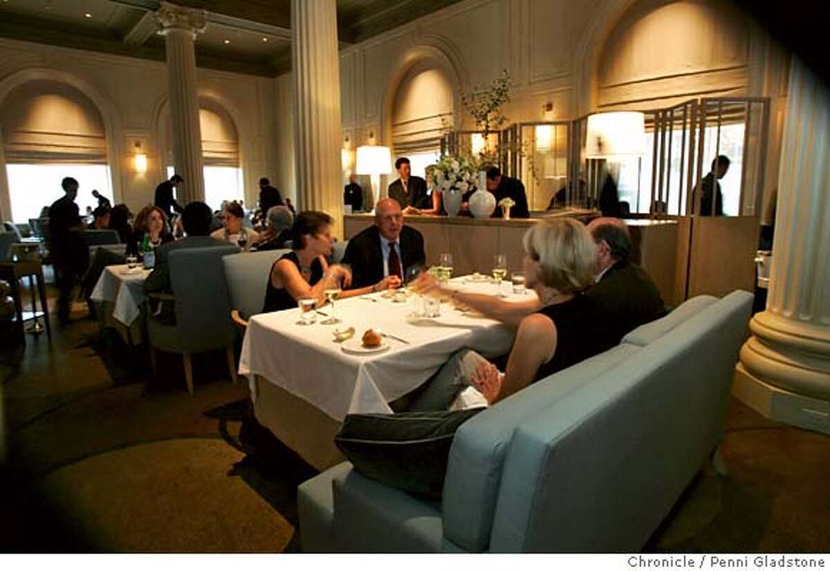 ###Live Caption:Michael Mina is the latest Chronicle four-star restaurant.###Caption History:MINA_066_pg.jpg Restaurant Michael Mina at the Westin St. Francis. 8/25/04 in San Francisco. Penni Gladstone / The Chronicle Ran on: 09-12-2004 Pork variations include crispy Kurobuta pork loin, carrot pork risotto, kumquat jalapeno marmalade, pulled pork and apple ravioli, braised red cabbage, barbecued pork, smoked pepper chutney and corn fritter.###Notes:###Special Instructions:MANDATORY CREDIT FOR PHOTOG AND SF CHRONICLE/NO SALES-MAGS OUT