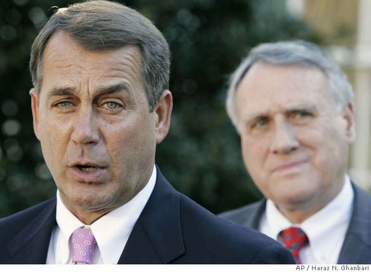 ###Live Caption:House Minority Leader John Boehner of Ohio, left, accompanied by Sen. Jon Kyl, R-Ariz., speaks to members of the press in front of the entrance to the West Wing of the White House in Washington, Wednesday, March 5, 2008. (AP Photo/Haraz N. Ghanbari)###Caption History:House Minority Leader John Boehner of Ohio, left, accompanied by Sen. Jon Kyl, R-Ariz., speaks to members of the press in front of the entrance to the West Wing of the White House in Washington, Wednesday, March 5, 2008. (AP Photo/Haraz N. Ghanbari)###Notes:John Boehner, Jon Kyl###Special Instructions: