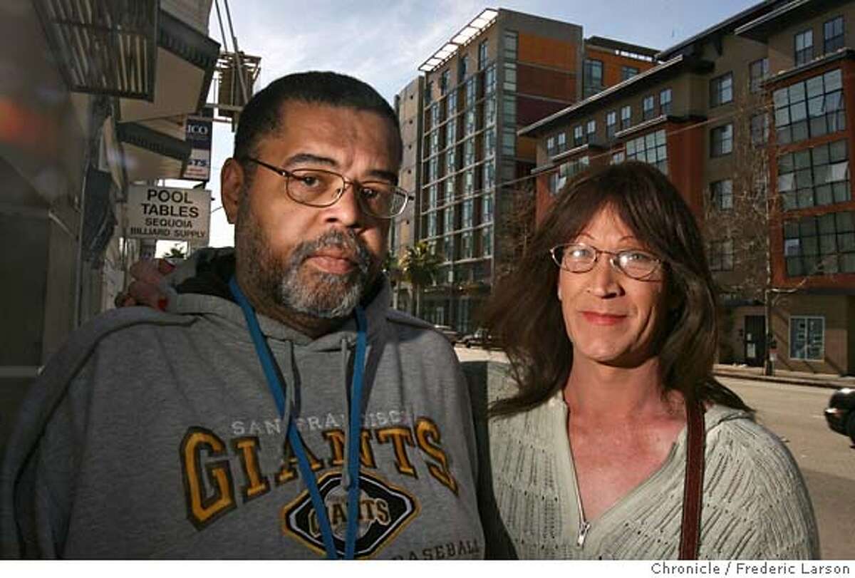 ###Live Caption:Lawrence and Rosie LaVere (l-r) stand 3/3/08 on Howard Street near where they live in supportive housing called "The Plaza" at 6th and Howard, San Francisco. They both claim they are surrounded by drug dealers in their apartment building, mostly on the first days of the month when the residents get their government checks. 3/3/08. {Photo by Frederic Larson / San Francisco Chronicle}###Caption History:Lawrence and Rosie LeVre (l-r) stand 3/3/08 on Howard Street near where they live in supportive housing called "The Plaza" at 6th and Howard, San Francisco. They both claim they are surrounded by drug dealers in their apartment building, mostly on the first days of the month when the residents get their government checks. 3/3/08. {Photo by Frederic Larson / San Francisco Chronicle}###Notes:###Special Instructions:MANDATORY CREDIT FOR PHOTOG AND SAN FRANCISCO CHRONICLE/NO SALES-MAGS OUT