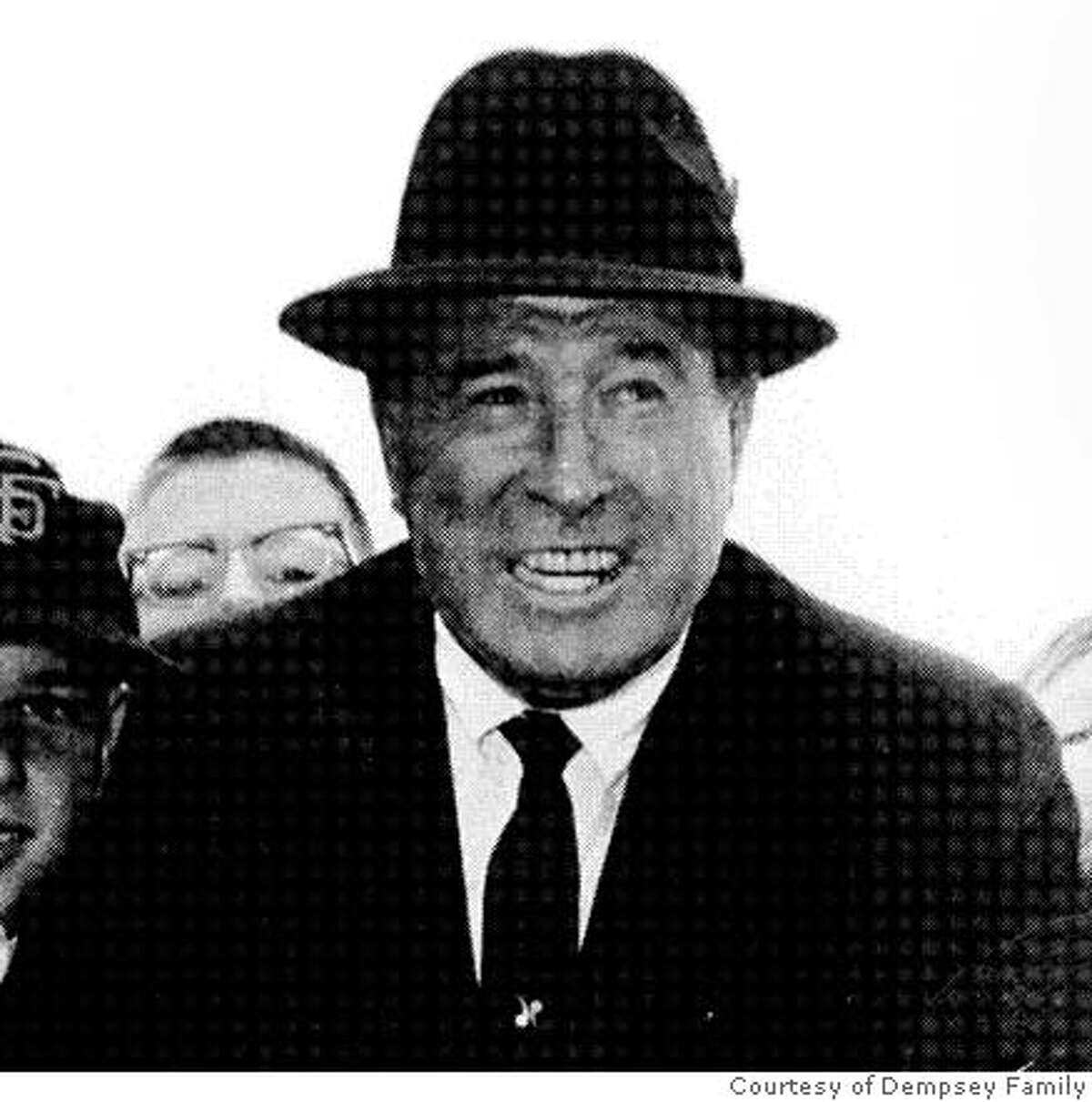 ###Live Caption:DEMPSEY_OBIT_002_ho.jpg Obit photo of Con Dempsey. Men, left to right: Joe DiMaggio, "Lefty" O'Doul and Con Dempsey. Children, left to right: Con Dempsey, Jr, David Dempsey. Photo taken in 1966 Photo courtesy the Dempsey family. Ran on: 08-09-2006 Con Dempsey (right, in cap) poses with Joe DiMaggio (left), Lefty O'Doul (center) and his children, Con Jr. and David.###Caption History:DEMPSEY_OBIT_002_ho.jpg Obit photo of Con Dempsey. Men, left to right: Joe DiMaggio, "Lefty" O'Doul and Con Dempsey. Children, left to right: Con Dempsey, Jr, David Dempsey. Photo taken in 1966 Photo courtesy the Dempsey family. Ran on: 08-09-2006 Con Dempsey (right, in cap) poses with Joe DiMaggio (left), Lefty ODoul (center) and his children, Con Jr. and David.###Notes:###Special Instructions: