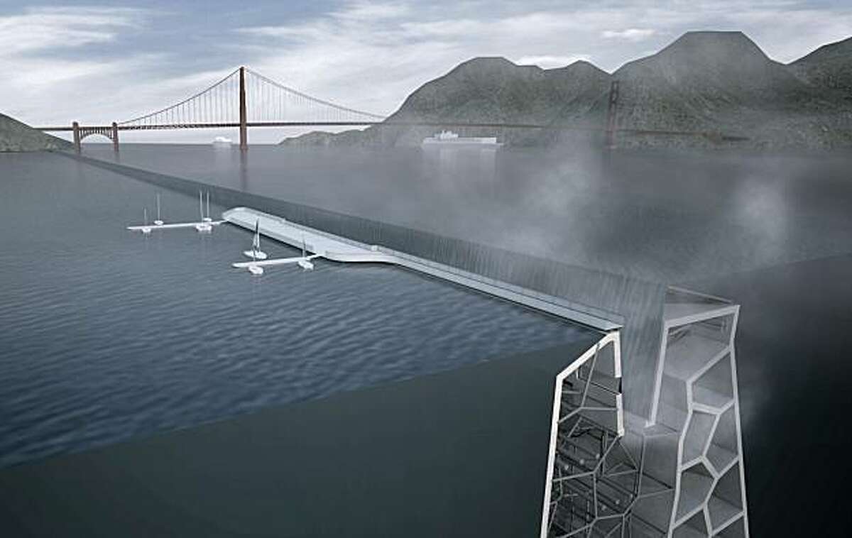 This rendition by Kuth Ranieri Architects shows what the designers call a "ventilated levee." The system would maintain water levels for existing shorelines through a series of pumps located along the full height of the levee. The firm says the pumps would in turn be powered by tidal turbines or geo-thermal energy plants. Rising tides will inevitably change the landscape of the San Francisco Bay and its developments. The Bay Conservation and Development Commission challenged designers to come up with creative ways to prepare for the impacts of climate change.