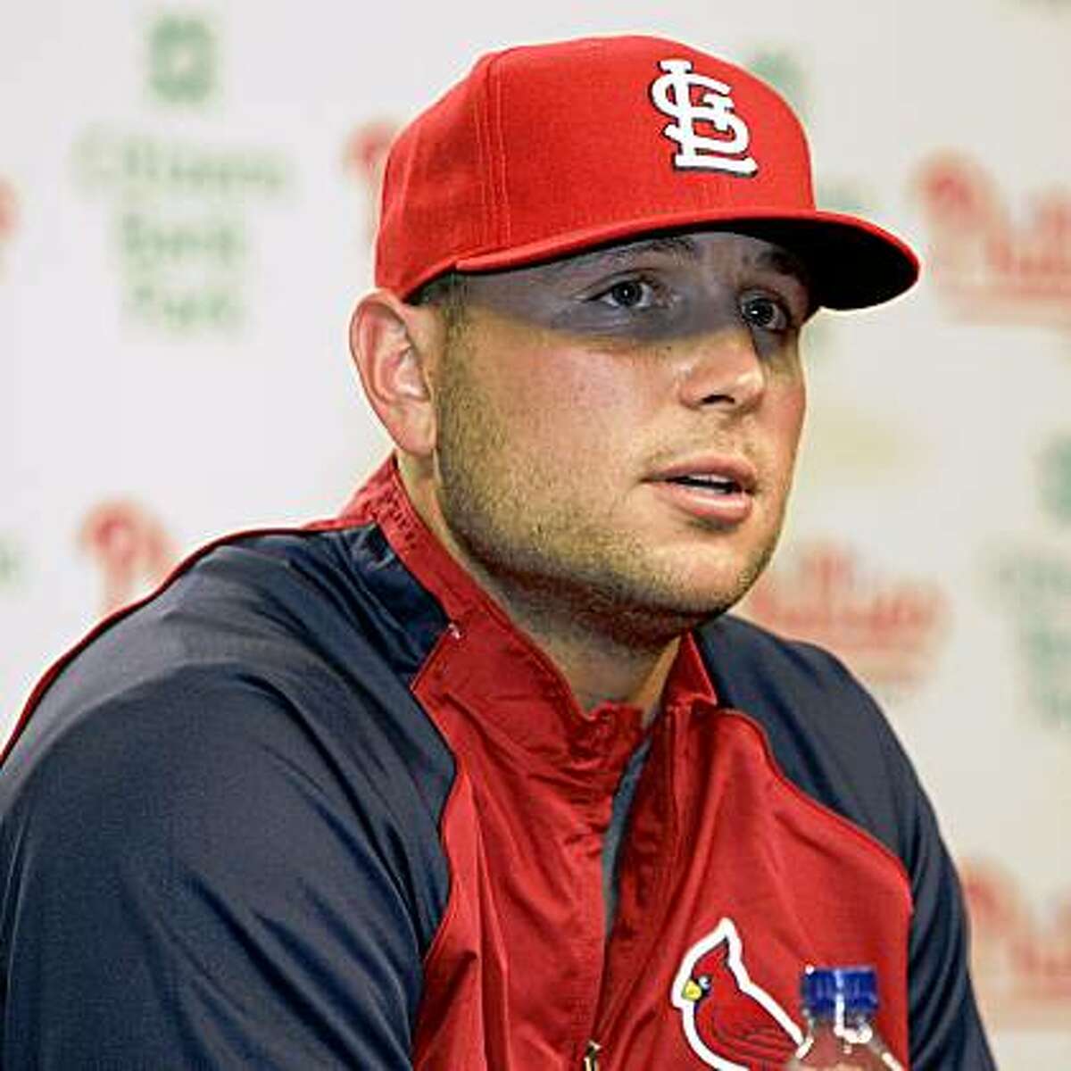 Matt Holliday appears at a news conference Friday, July 24, 2009, in Philadelphia, after it was announced that he had been traded from the Oakland Athletics to the St. Louis Cardinals for a package of prospects. (AP Photo/Tom Mihalek)