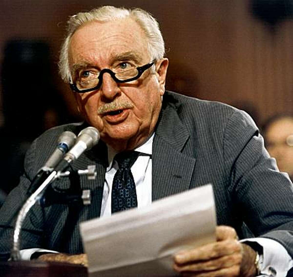 This February 20, 1991 file photograph shows former CBS anchor Walter Cronkite testifying before the US Senate Committee in Washington, DC, on Governmental Affairs concerning the Pentagon rules on media access to the Persian Gulf War.