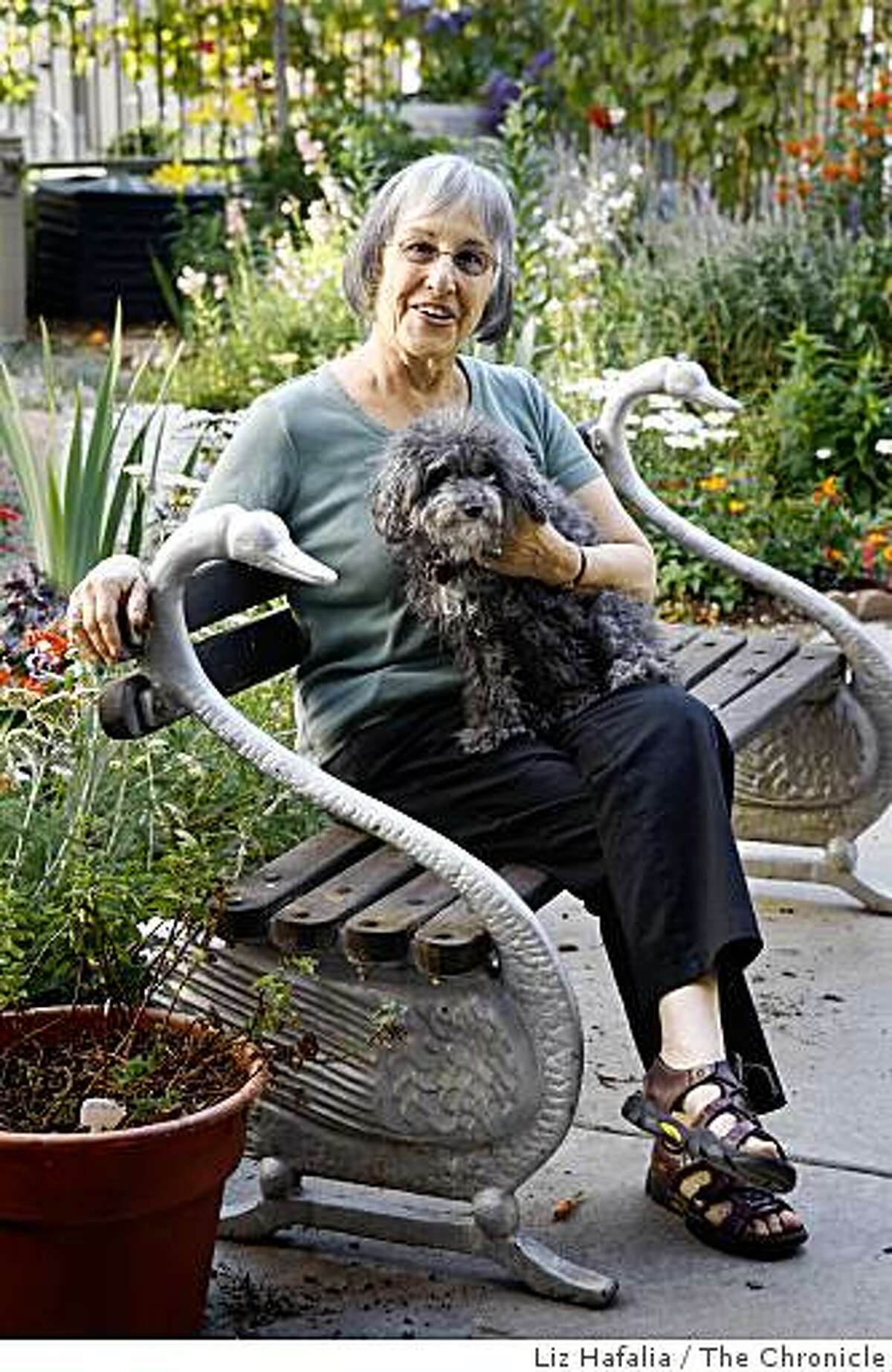 Joani Blank, who was the founder of Good Vibrations, is seen in a July 2, 2009 photo in Oakland. She is with her poodle, Bapu-Ji. Blank died over the weekend.