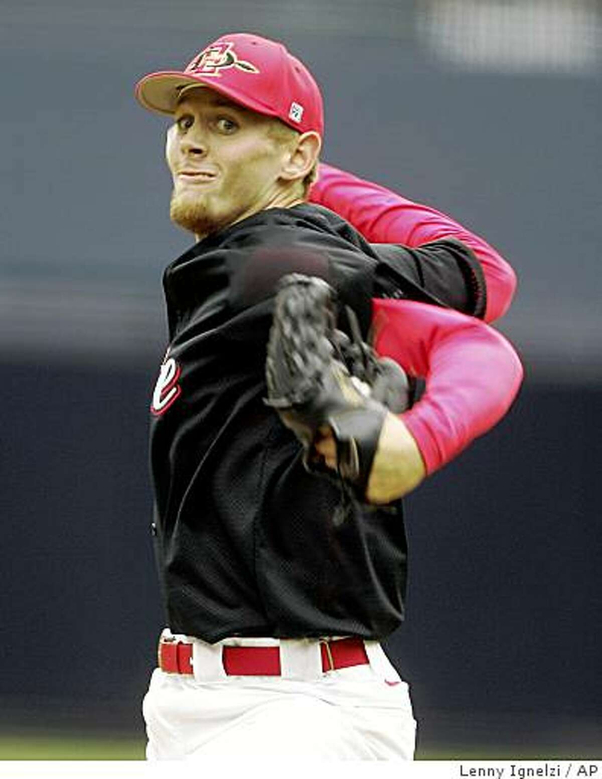 In this photo taken on Friday, April 3, 2009, Stephen Strasburg, of San Diego State University, pitches during a game in San Diego. Considered one of the best prospects in draft history, Strasburg is expected to go No. 1 to the Washington Nationals on Tuesday night June 9, 2009. (AP Photo/Lenny Ignelzi)