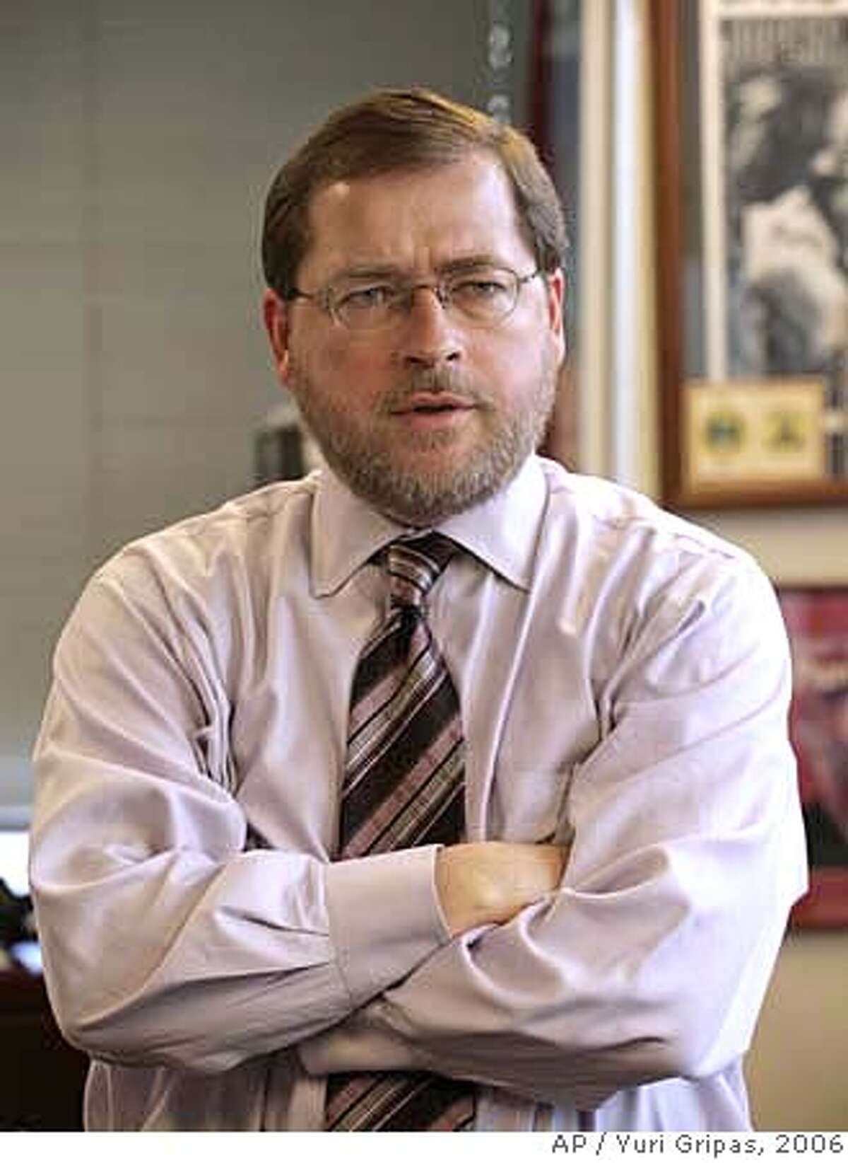 *** FILE *** Conservative activist Grover Norquist, President of the Americans for Tax Reform, stands in his office in Washington Thursday, Jan. 26, 2006. Republican activists Grover Norquist and Ralph Reed landed more than 100 meetings inside the Bush White House, according to documents released Wednesday Sept. 20, 2006 that provide the first official accounting of the access and influence the two presidential allies have enjoyed. (AP Photo/Yuri Gripas) Ran on: 10-13-2006 Grover Norquist 2006 FILE PHOTO