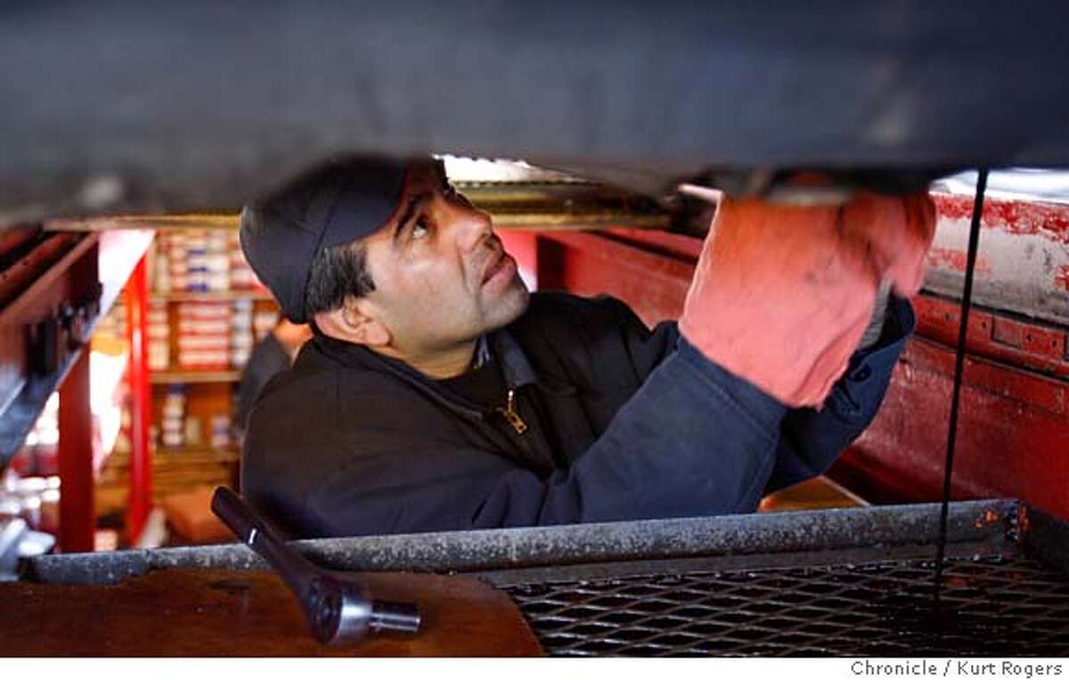 Freddy Fuentes (cq) at Marin Express Lube &Diagnostic Center drains a vehicle of oil as he takes the oil filter off. The California Integrated Waste Management Board is kicking off a campaign to combat what it calls the 3000 mile myth Kurt Rogers / The Chronicleg Ran on: 02-10-2008 Freddy Fuentes at Marin Express Lube & Diagnostic Center removes a vehicles oil filter as he prepares to change the oil.