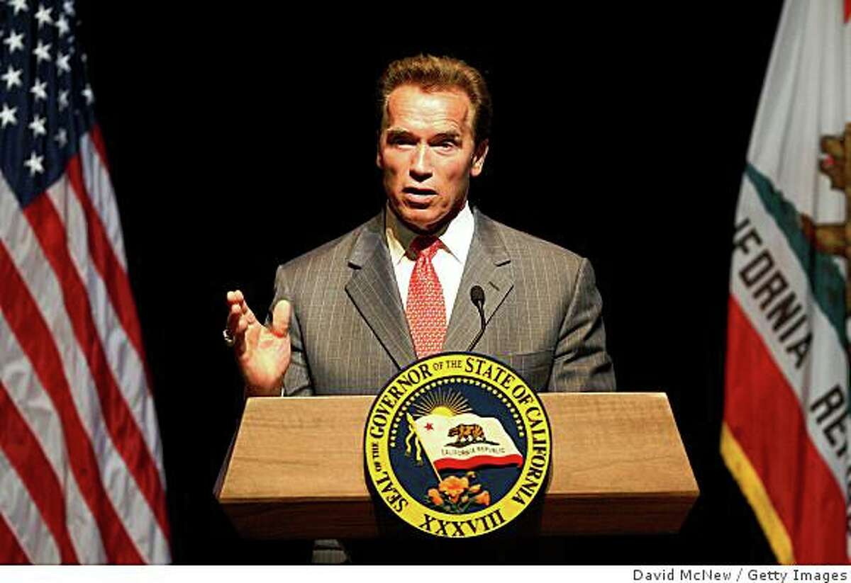 LOS ANGELES, CA - JUNE 12: California Gov. Arnold Schwarzenegger speaks on the status of the state budget at the California Center for the Arts on June 12, 2009 in Escondido, California. The California treasury is in danger of running out of money by late July as the state budget crisis continues to grow with an estimated $24-billion shortfall. California is estimated to be the eighth largest economy in the world. (Photo by David McNew/Getty Images)
