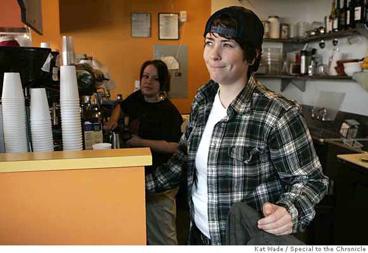 ELECTION05_095_KW.JPG Lesbian voter, Betha Stepnitz, 21, right, who is undecided but leaning toward Obama, with co-worker Jodi Sanchez in the background works the cash register at 3 Dollar Bill Cafe in when gay and lesbian voters talk about the election the day before "Super Tuesday" on Monday, February 4, 2008 in San Francisco, Calif.. Photo by Kat Wade Betha Stepnitz (CQ, Subject) Mandatory Credit for photographer, Kat Wade No Sales/Mags out