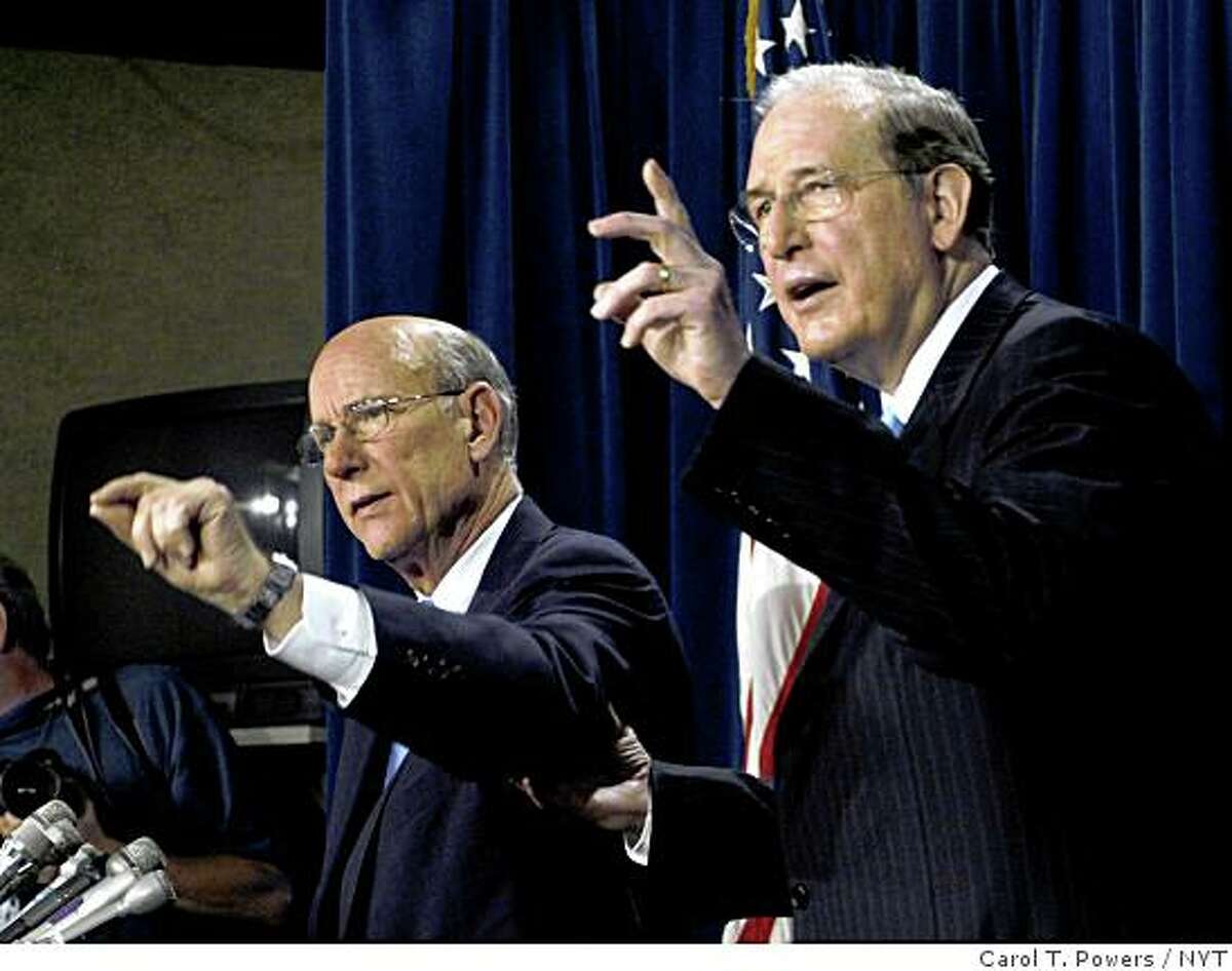 NYT42) WASHINGTON -- July 9, 2004 -- IRAQ-REPORT-3 -- Senate Intelligence Committee Chairman Sen. Pat Roberts, left, and Vice Chairman Sen. Jay Rockefeller, during a press conference in Washington to discuss the issuance of the committee's report on pre-Iraq war intelligence failures released Friday July 9, 2004. The Central Intelligence Agency greatly overestimated the danger presented by deadly unconventional weapons in Iraq because of runaway assumptions that were never sufficiently challenged, the