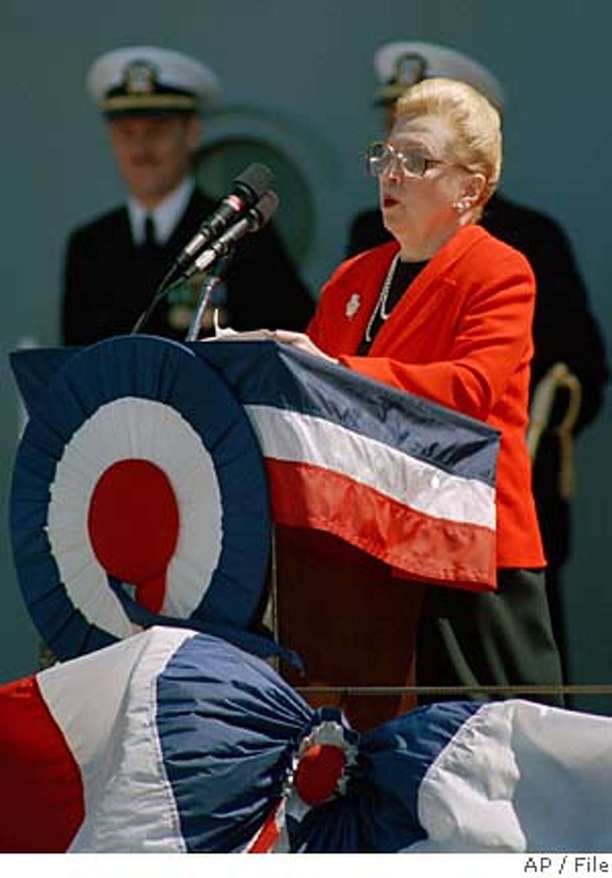 ** FILE ** Margaret Truman-Daniel speaks during the re commissioning ceremonies for the Iowa-class battleship in San Francisco in this Feb. 10, 1986 file photo. Margaret Truman, the only child of former President Harry S. Truman who became a concert singer, actress, radio and TV personality and mystery writer, died Tuesday, Jan 29, 2008. She was 83. (AP Photo/File)