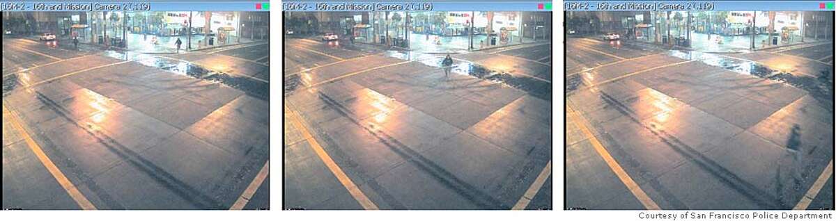 These consecutive images from a surveillance camera at 16th and Mission streets in San Francisco, taken in the early morning of Aug. 6, 2007, show how slowly the camera took pictures of the scene. Photos courtesy of the San Francisco Police Department