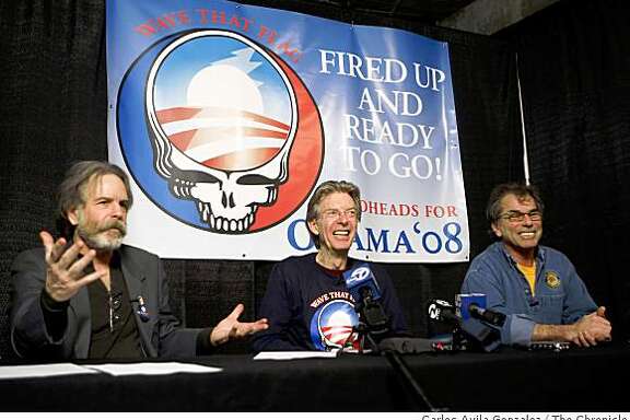 Bob Weir, Phil Lesh and Mickey Hart of the Grateful Dead speak at a press conference backstage at the Warfield Theater before a rally for Barack Obama in San Francisco, Ca., on Monday, February 4, 2008. These fellows haven't played together in four years and don't even really speak. The gig was arranged by email. Their brief performance together tonight will be widely heralded in Dead circles.