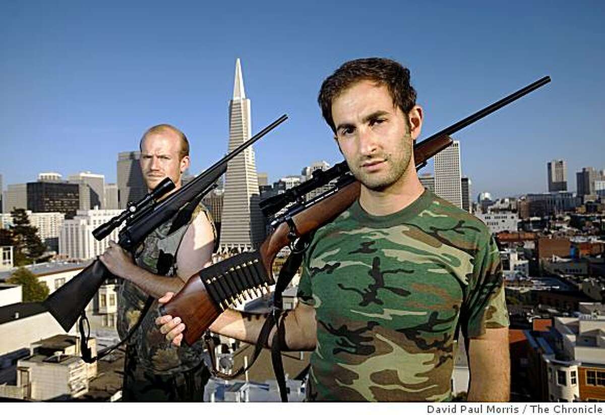 Nick Chaset (L) and Nick Zigelbaum founders of the Bull MOsse Hunting Society, a new urban hunting club and meat sharing co-op based in the Western Edition pose for a photograph in North Beach on May 26, 2009 in San Francisco, Calif. (Photo by David Paul Morris/The Chronicle)