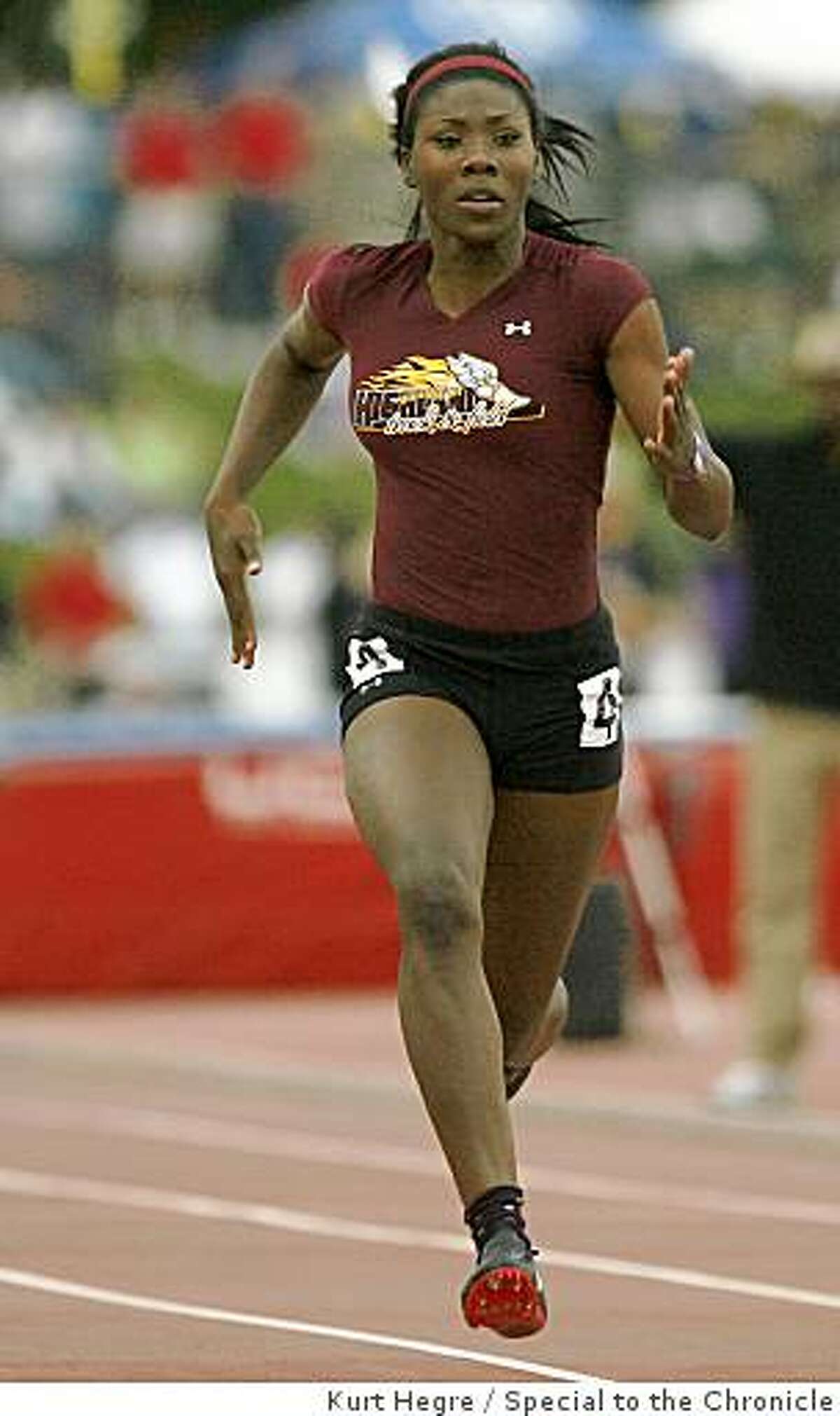 Ashton Purvis of St. Elizebeth sprints for the finish line in her heat of the 100 meter race Friday May 5,2009 at the State Track and Field Championships in Clovis .Ca. Purvis false started once and in the second attempt did not qualify for the finals Saturday.