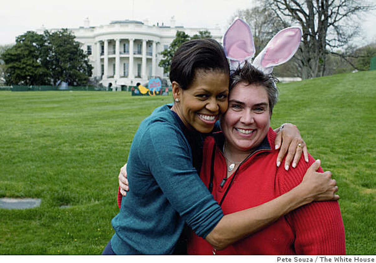 First lady Michelle Obama and Ellie Shafer pose for a portrait on the South Lawn of the White House during a walk through for the annual Easter Egg Roll on April 10, 2009. A well-known grassroots operative who ran Gavin Newsom's first political race � and numerous local intiatives and candidates � Shafer in 2004 signed on as an advance team member for a then-longshot Democratic presidential candidate, Obama. After travelling thousands of miles at his side, packing and unpacking his suitcases and being one of his most-trusted insiders, Shafer was offered the plum post as head of the White House Visitors Office.
