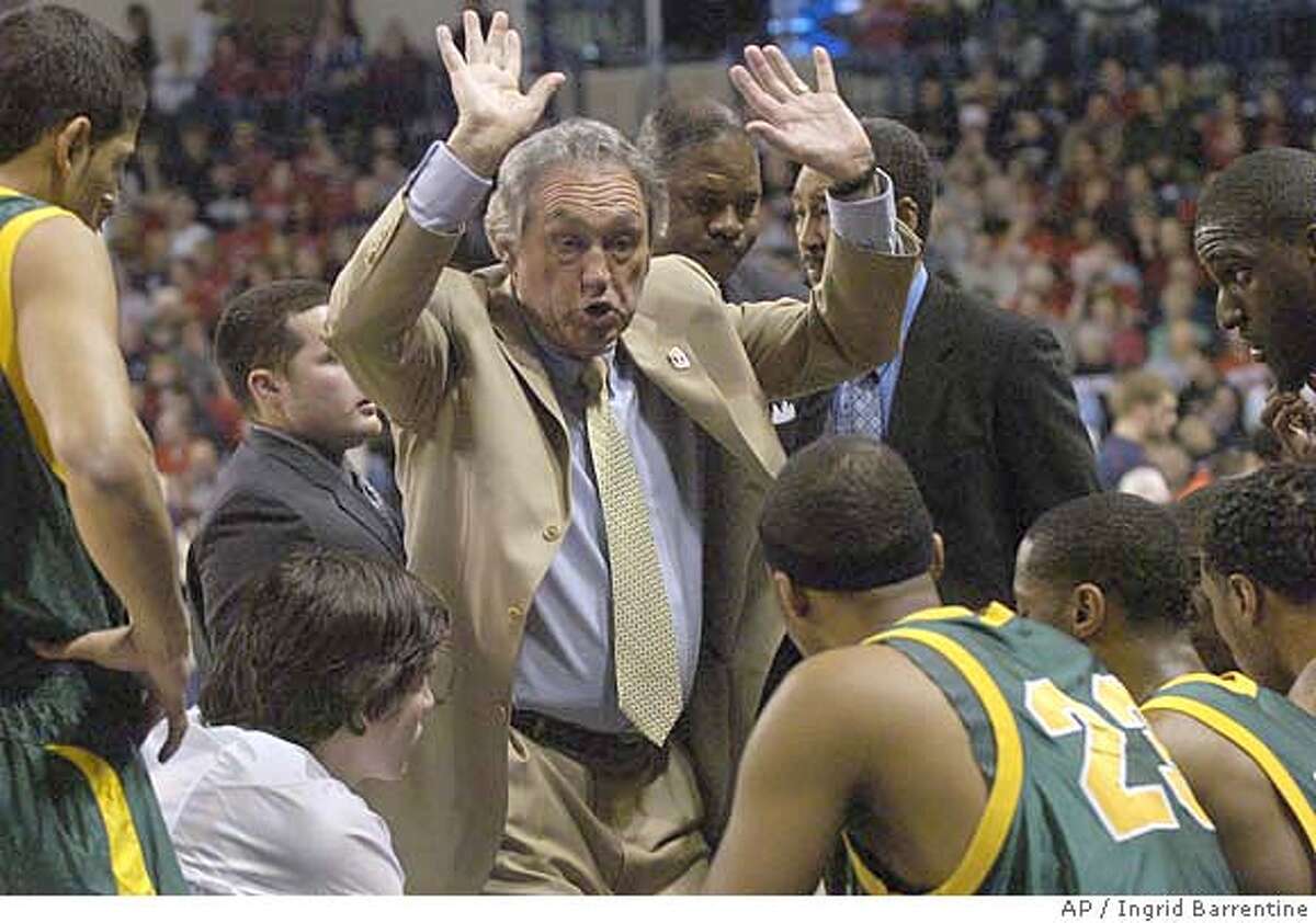 San Francisco basketball coach Eddie Sutton talks with his team in the first half of a basketball game against Gonzaga on Monday, Jan. 21, 2008, in Spokane, Wash. Sutton is looking for his 800th win as a college basketball coach. (AP Photo/Ingrid Barrentine) EFE OUT