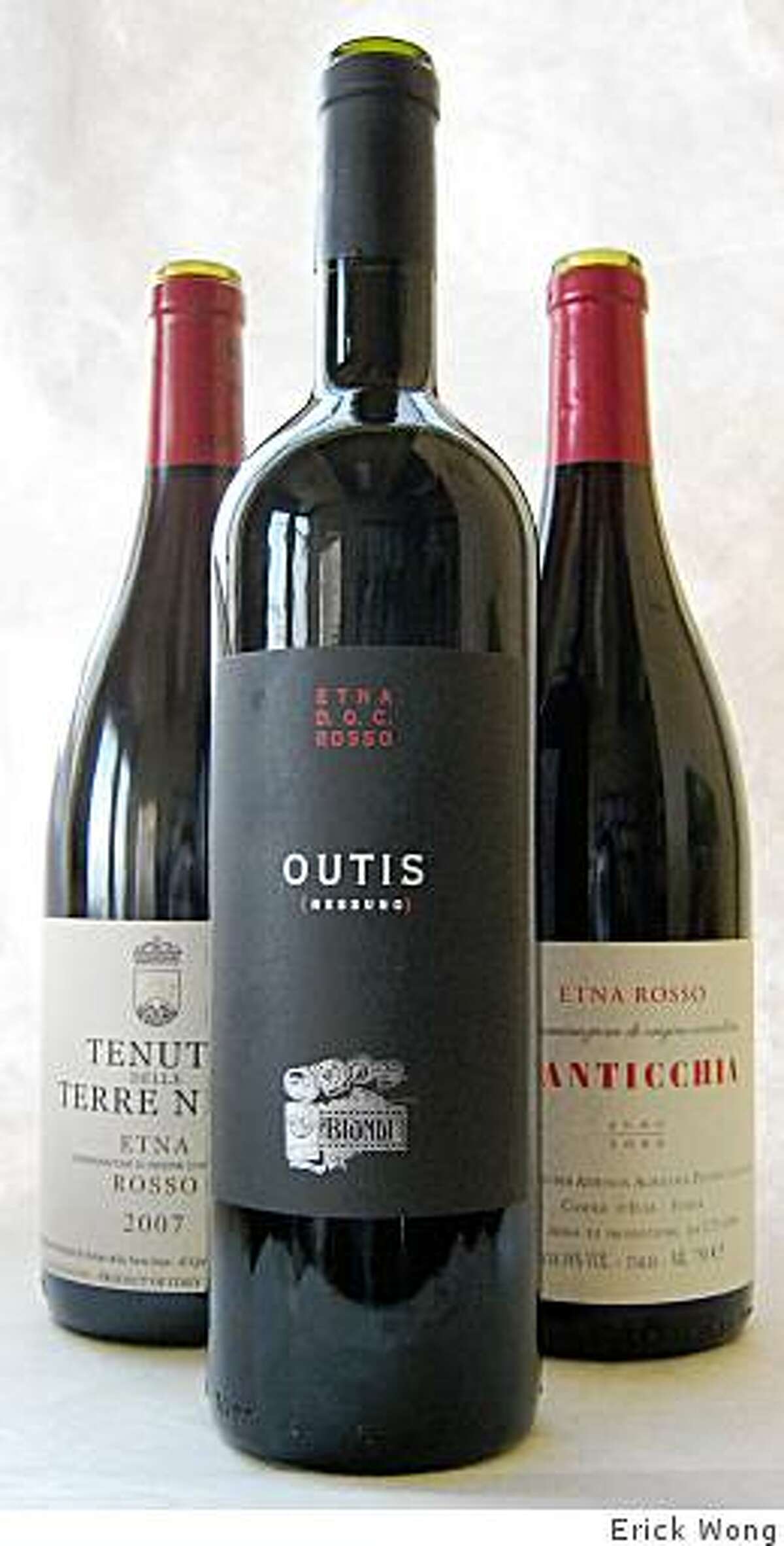 From left, 2007 Tenuta delle Terre Nere Etna Rosso, 2005 Vini Biondi Outis Etna Rosso, 2006 Pietro Caciorgna N'Anticchia Etna Rosso