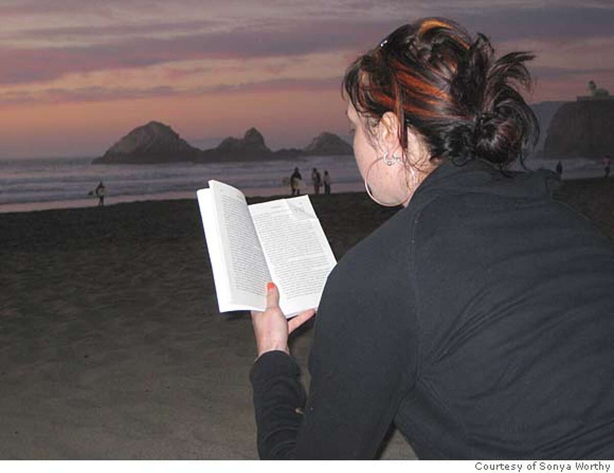 At Ocean Beach, SF On Ocean Beach, watching her boyfriend surf and reading The Culture of Fear: Why Americans are Afraid of the Wrong Things , by Barry Glassner. Photo courtesy of sonya worthy