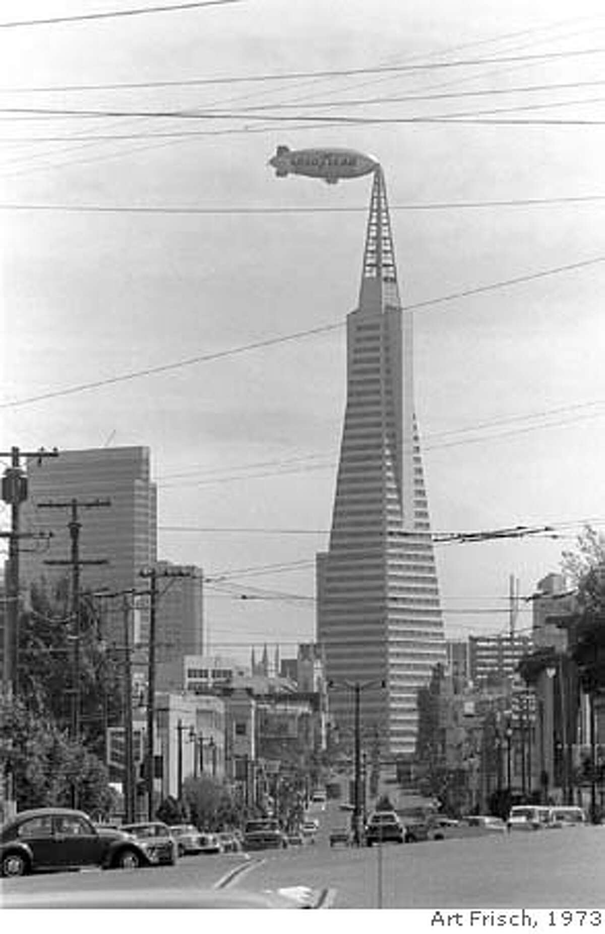 GOODYEAR/22SEP73/MN/AF - The Goodyear blimp passing by the nearly completed Transamerican Pyramid. Photo by Art Frisch Sept. 22 1973