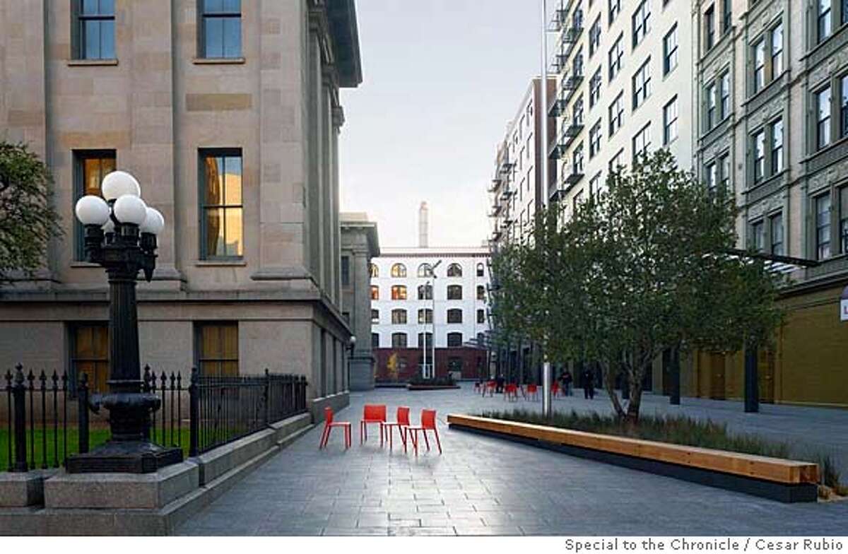 Mint Plaza is the latest pedestrian alley in San Francisco that aims to engage the public with cafes, music concerts and places to sit. When the Mint Project in the historic Old Mint on the left opens, it will sport an interactive history museum. Photo by Cesar Rubio, special to the Chronicle