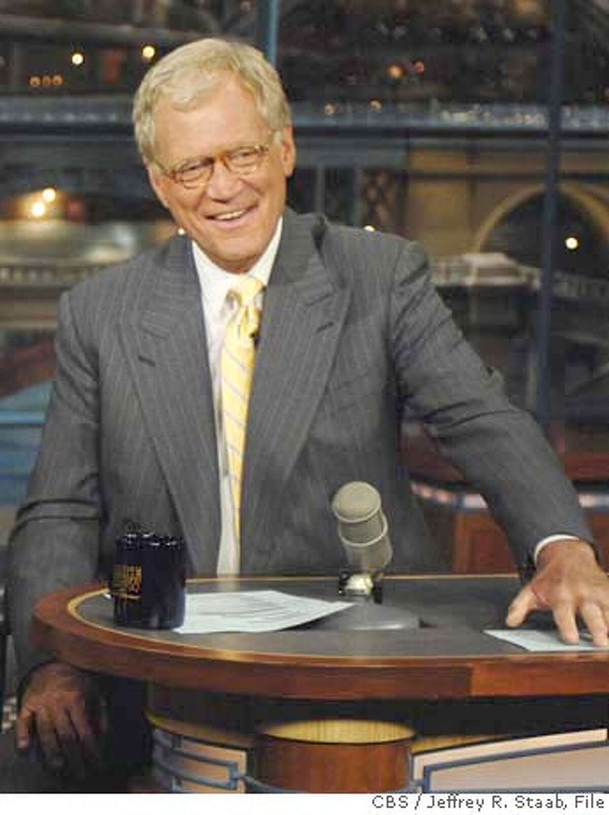 ** FILE ** This file photo released by CBS, shows David Letterman during taping of "The Late Show," Sept. 4, 2007 in New York. (AP Photo/CBS, Jeffrey R. Staab, File) **MANDATORY CREDIT, NO SALES, NO ARCHIVE, NORTH AMERICAN USE ONLY** Ran on: 12-31-2007 No Top Ten? David Letterman. HANDOUT PHOTO PROVIDED BY CBS, MANDATORY CREDIT; NO ARCHIVE; NO SALES; FOR NORTH AMERICAN USE ONLY, SEPT. 4, 2007 FILE PHOTO