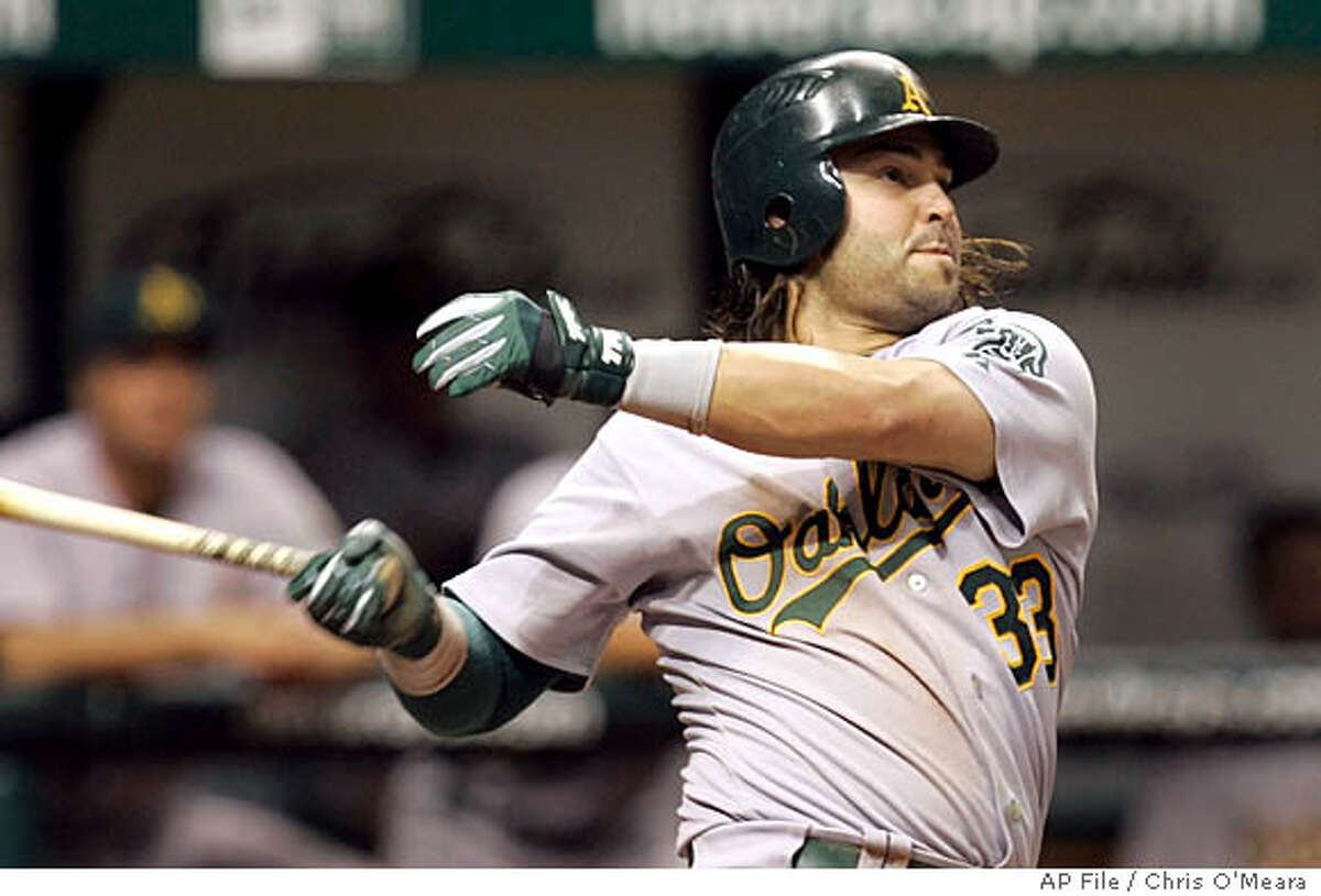 Oakland Athletics' Nick Swisher follows the flight of his ninth-inning, three-run home run off Tampa Bay Devil Rays pitcher Brian Stokes during a MLB game Friday May 4, 2007, in St. Petersburg, Fla. (AP Photo/Chris O'Meara)