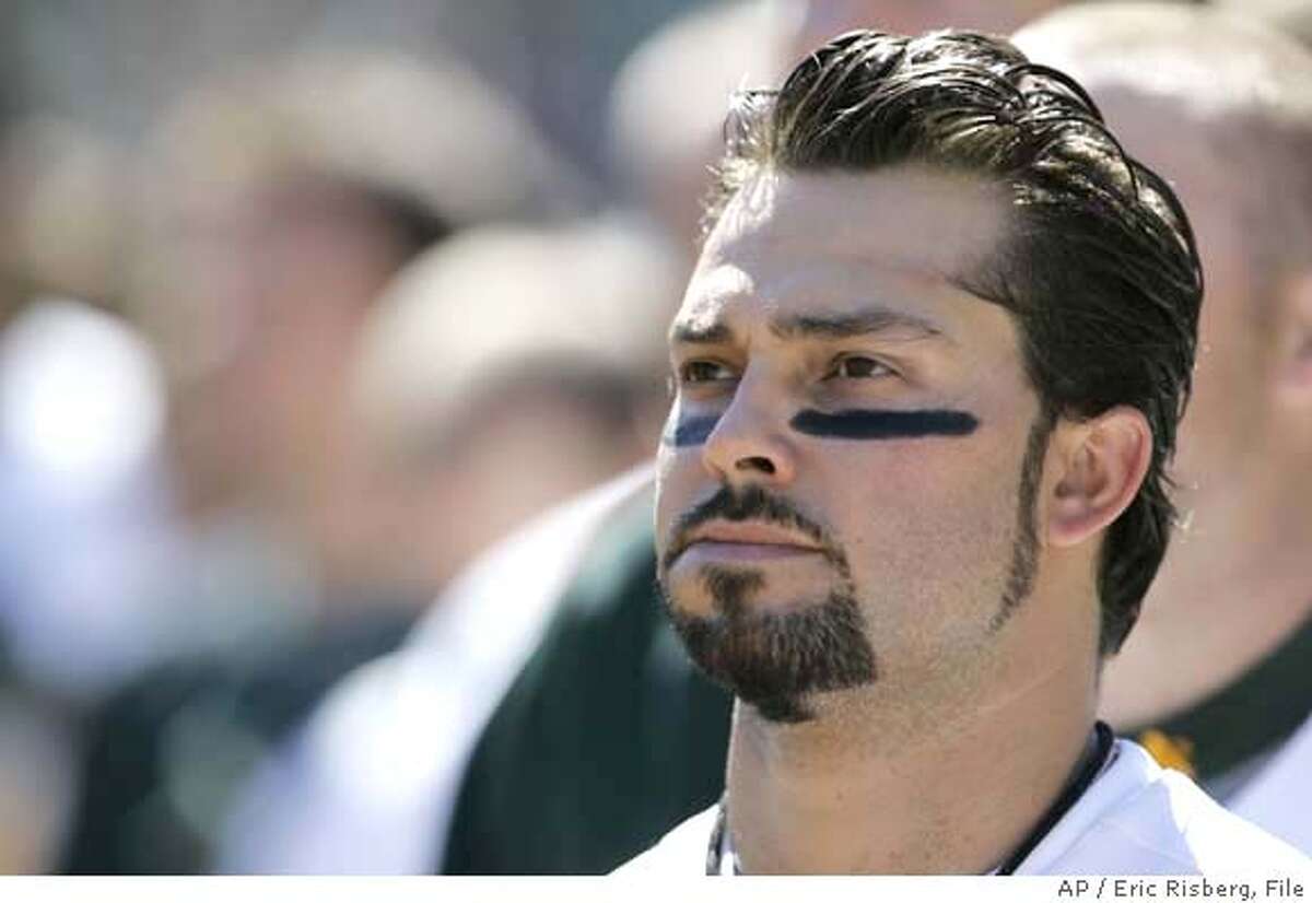 ** FILE ** Oakland Athletics' Nick Swisher is seen during the national anthem in this file photo before a baseball game against the Los Angeles Angels in Oakland, Calif., Sunday, Sept. 30, 2007. The Oakland Athletics traded Swisher to the Chicago White Sox for three minor leaguers on Thursday Jan. 3, 2007. (AP Photo/Eric Risberg)