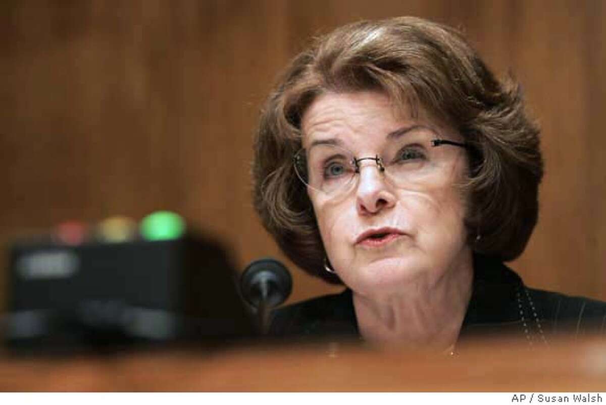 Senate Terrorism, Technology and Homeland Security subcommittee Chair Sen. Dianne Feinstein, D-Cailf., questions a witness during the subcommittee's hearing on the legal right of Guantanamo detainees, Tuesday, Dec. 11, 2007, on Capitol Hill in Washington. (AP Photos/Susan Walsh)