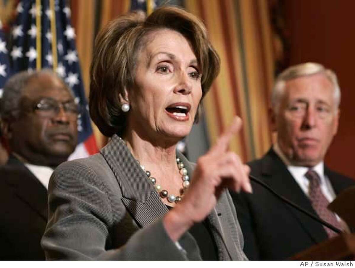 House Speaker Nancy Pelosi of Cailf, center, accompanied by House Majority Whip James Clyburn of S.C., left and House Majority Leader Steny Hoyer of Md., gestures during a news conference on Capitol Hill in Washington. (AP Photos/Susan Walsh) Ran on: 11-09-2007 House Speaker Nancy Pelosi says the plan is to fund the military for a limited, specific purpose.