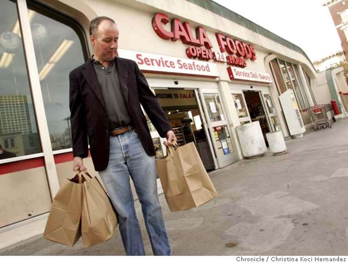 111607_sfbags19_ckh In front of Cala Foods, on California St., in San Francico, shopper, Richard Casey, views his distaste for the plastic bag ban to begin Tuesday in SF. Christina Koci Hernandez/special to the Chronicle Richard Casey (cq) Carmela Yaari-Unterbach (cq) and Geneva North (cq)
