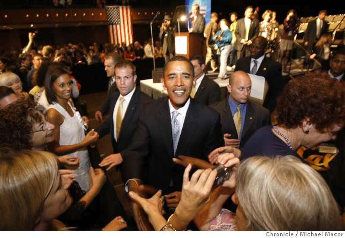 obama08_119_mac.jpg Obama greets supporters following his address. Democratic Presidential candidate Barack Obama in town for a women's rally, "Women For Obama" at the Bill Graham Civic Auditorium. Photographed in, San Francisco, Ca, on 9/7/07. Photo by: Michael Macor/ The Chronicle Mandatory credit for Photographer and San Francisco Chronicle No sales/ Magazines Out