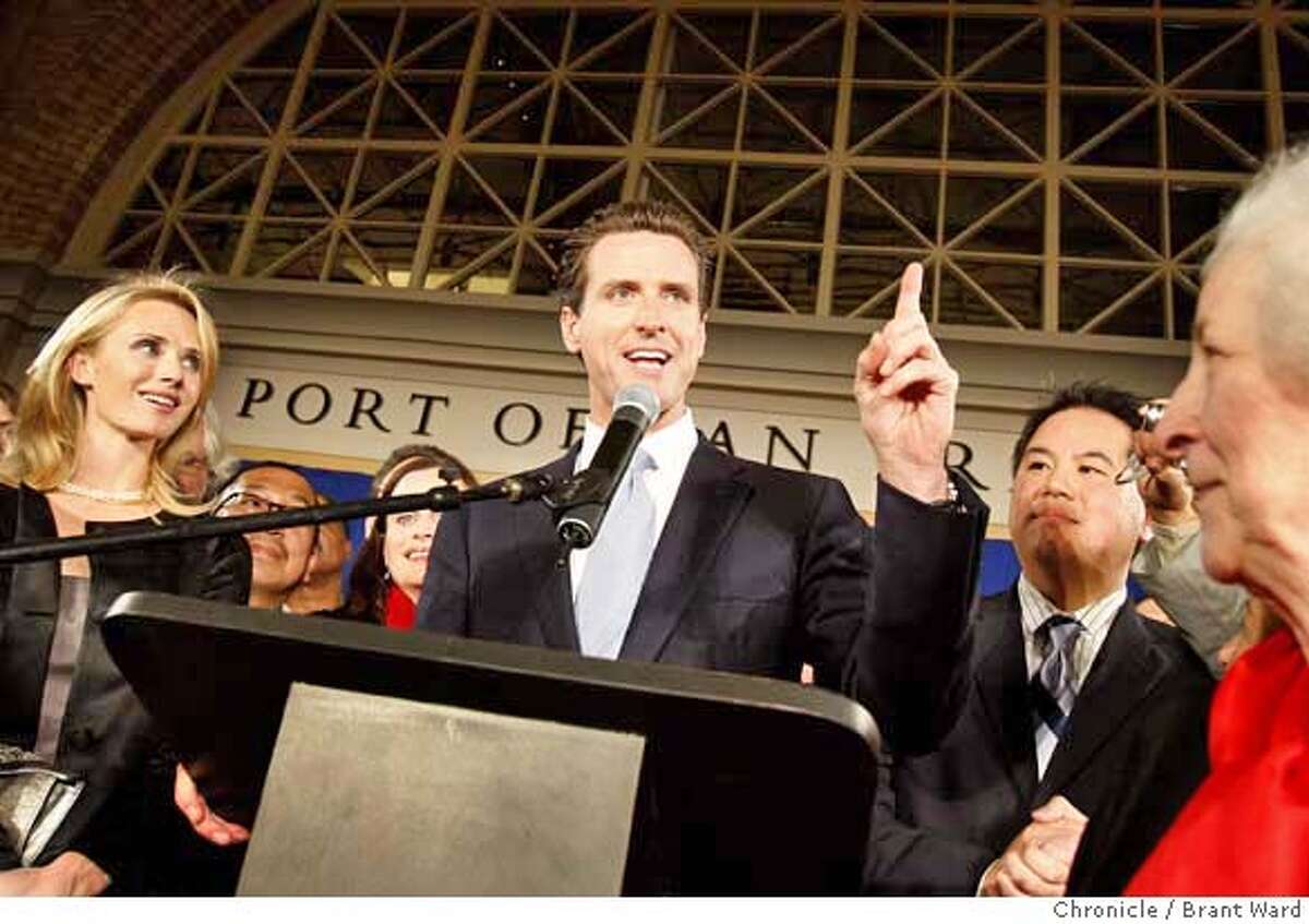 Mayor Gavin Newsom celebrated his certain win Tuesday night at a party held at the Ferry Building in San Francisco. Although few election results were revealed, Newsom had no real challenger in the mayoral contest. {By Brant Ward/San Francisco Chronicle}11/6/07
