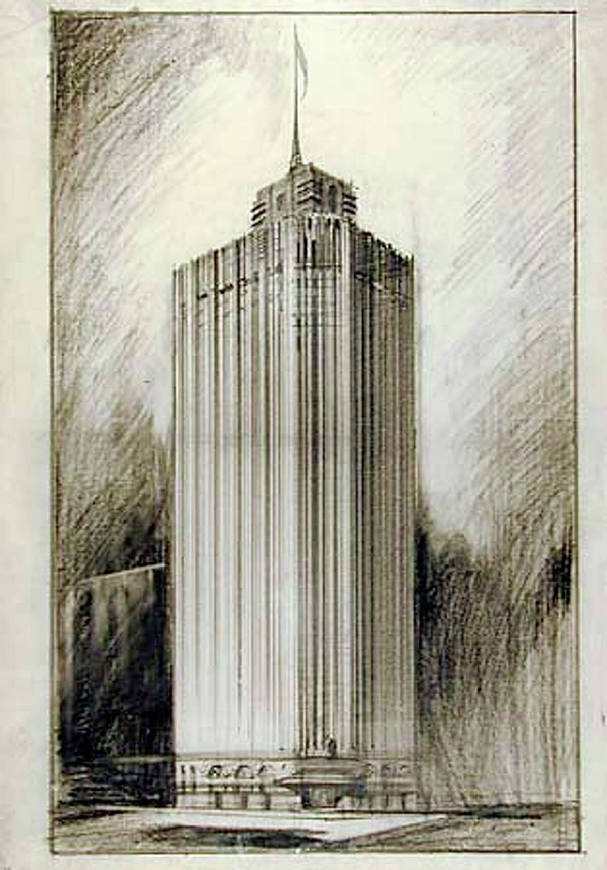 Timothy Pflueger's 1920's image of a tower that was never built emphasized height, with its strong upright lines of charcoal