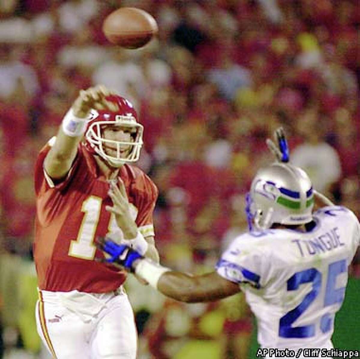 Elvis Grbac of the Kansas City Chiefs reacts to a questionable call