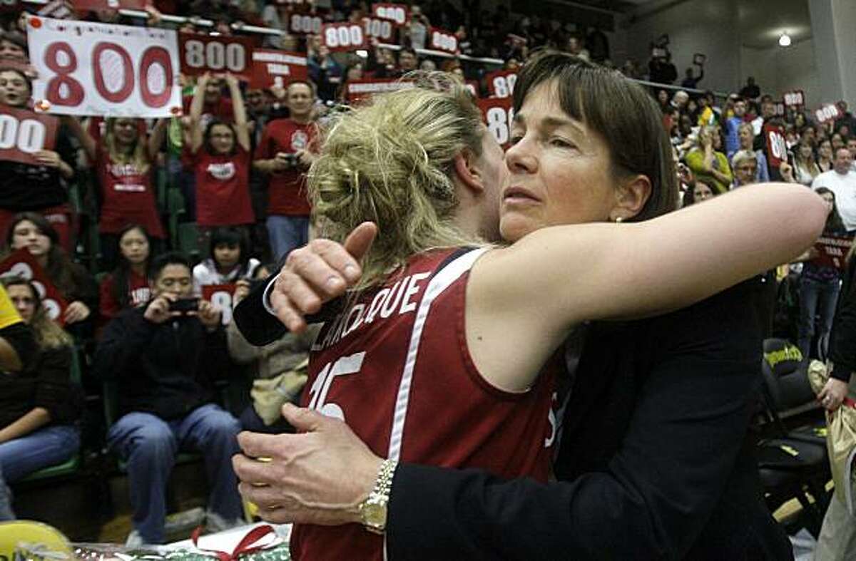 Stanford head coach Tara VanDerveer, right, celebrates with guard Lindy La Rocque (15) after Stanford beat San Francisco 100-45 for VanDerveer's 800th career coaching victory in an NCAA college basketball game in San Francisco, Wednesday, Dec. 22, 2010.