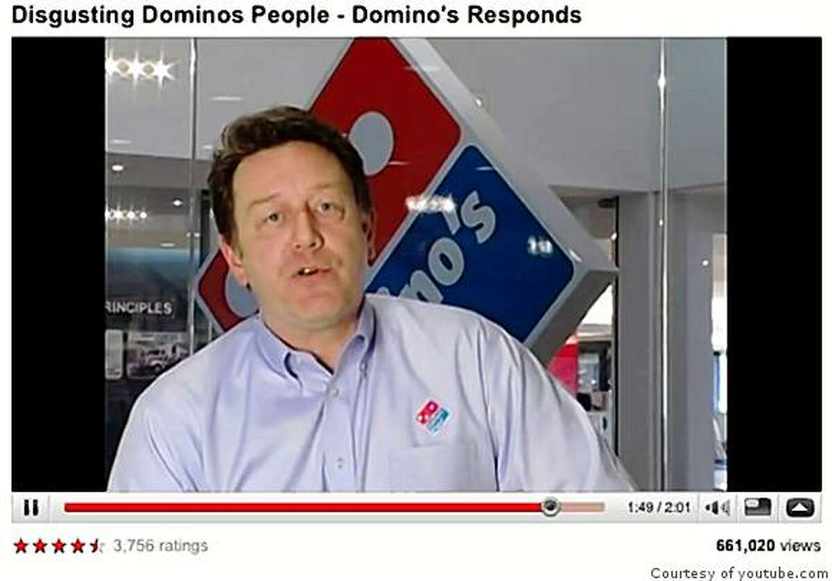 Screenshot of You Tube video of Domino's President Patrick Doyle responding to a You Tube prank where employees put Pizza ingredients up their noses and then sent the pizzas out to customers.