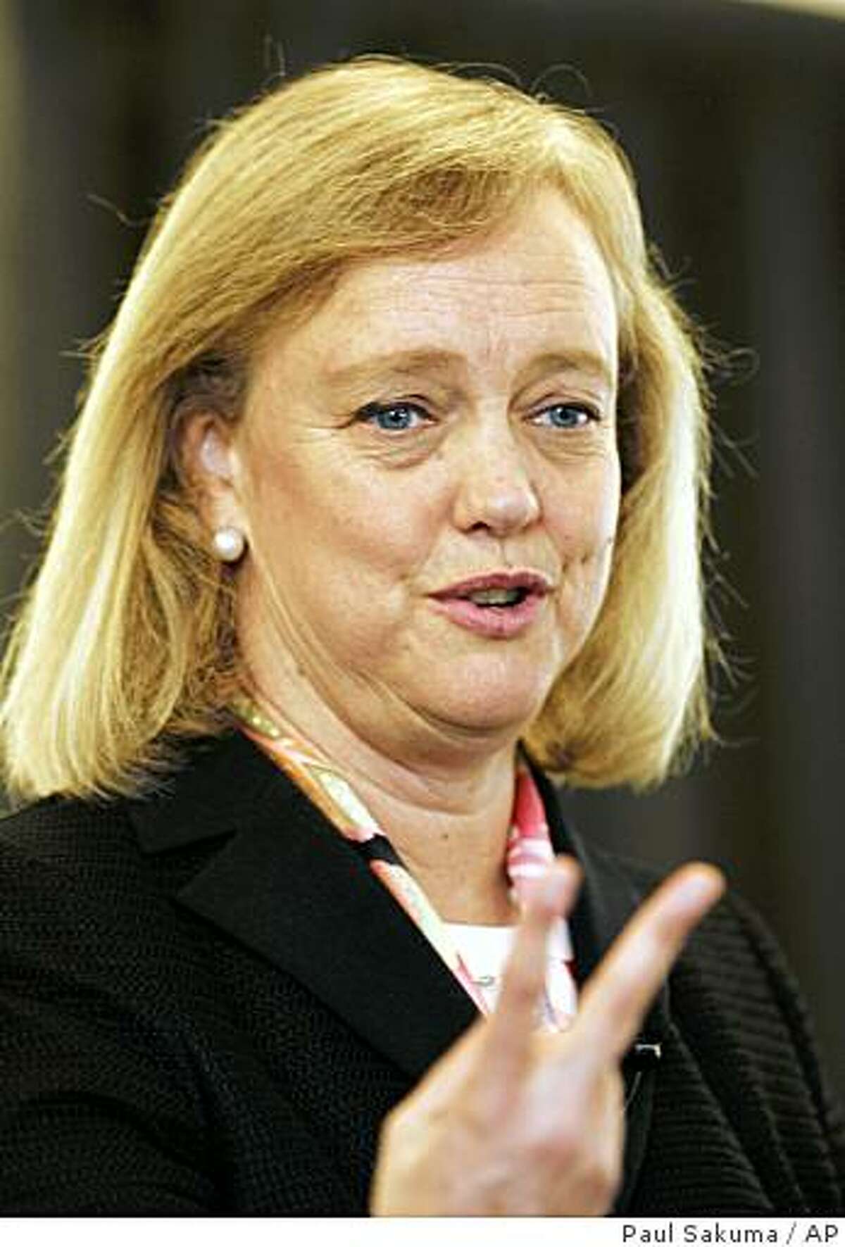 California Republican Gubernatorial candidate and former eBay CEO Meg Whitman speaks at the Silicon Valley Leadership Forum at Yahoo headquarter in Sunnyvale, Calif., Monday, April 27, 2009. (AP Photo/Paul Sakuma)
