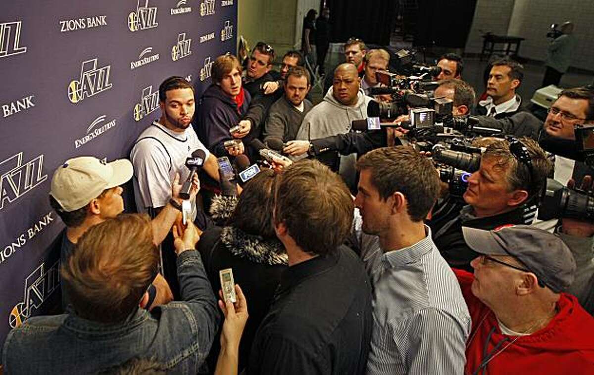 Utah Jazz Deron Williams talks with the media after NBA basketball practice, Friday, Feb. 11, 2011, in Salt Lake City.