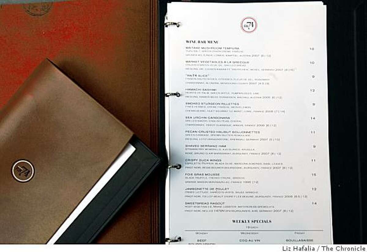 Wine bar menu at RN74, a new restaurant from Michael Mina in San Francisco, Calif., on Tuesday April 14, 2009.