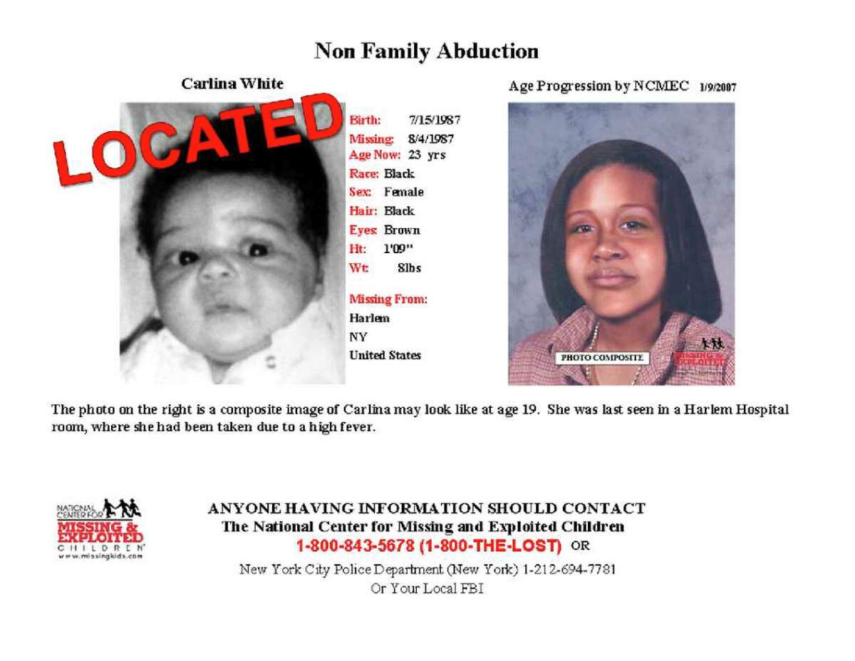 This poster released by the National Center for Missing and Exploited Children shows Carlina White as an infant, left, and what she might have looked like as an adult, right. White, who was kidnapped 23 years ago as an infant from a Harlem hospital bed and raised under a different name, was reunited with her birth mother on Saturday, Jan. 15, 2011.