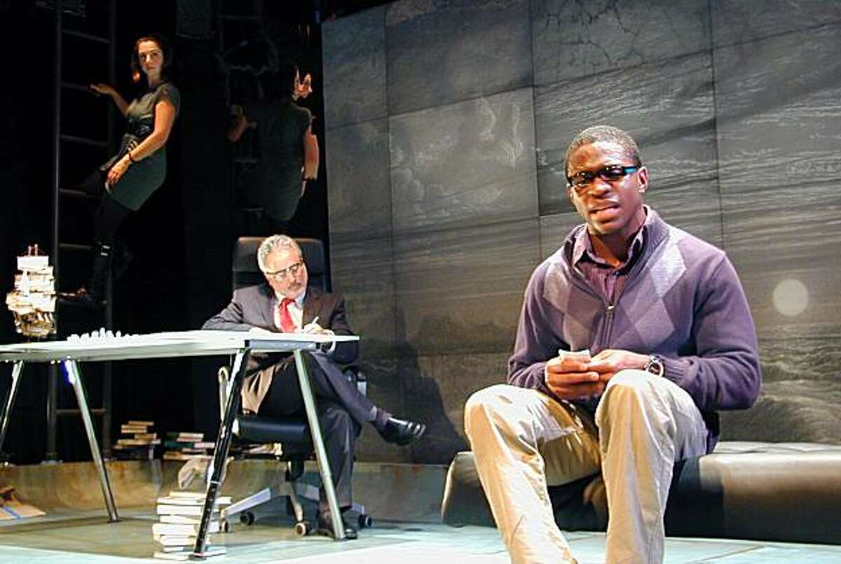 Ariel (Caitlyn Louchard, left) sings to Ferdinand (Donell Hill, right) as Prospero (David Sinaiko) watches in Rob Melrose's chamber version of "The Tempest" at Cutting Ball