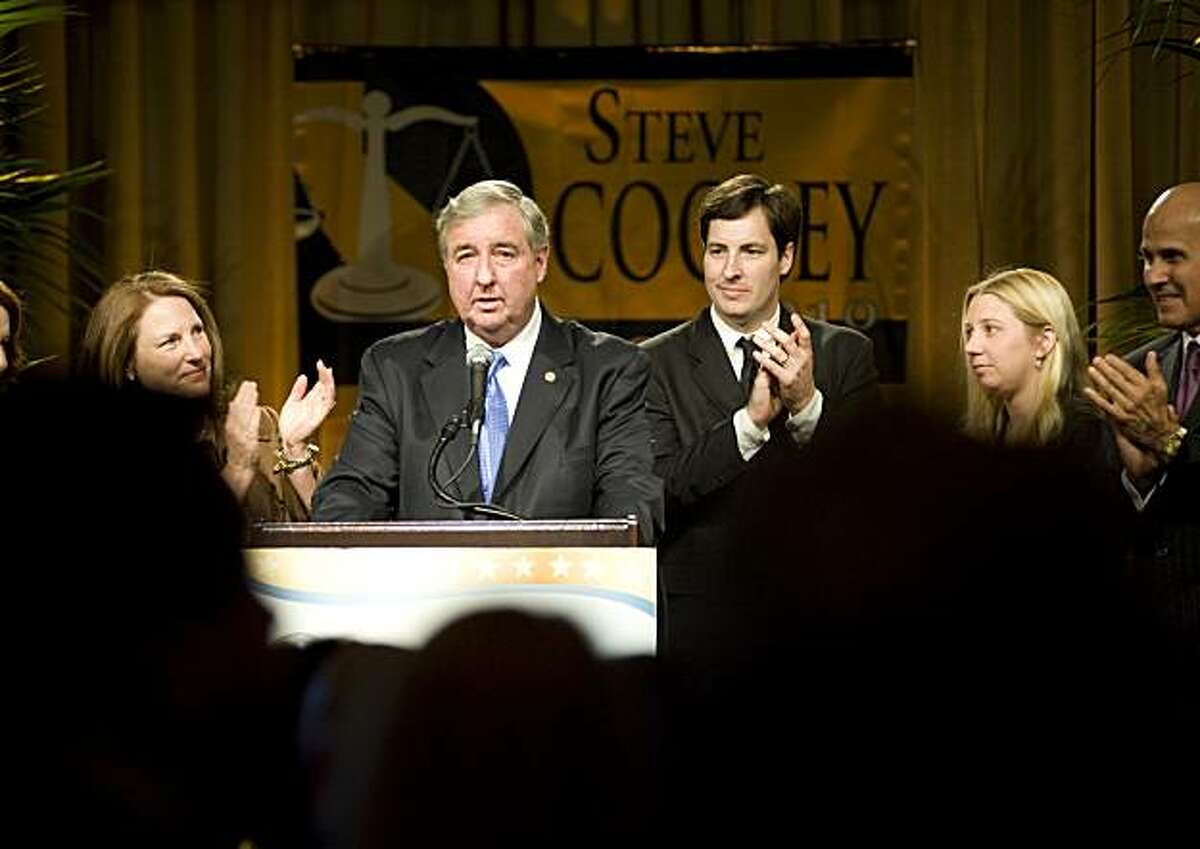 Los Angeles County District Attorney and Republican candidate for California Attorney General Steve Cooley addresses supporters after showing an early lead over Democratic opponent Kamala D. Harris at the Beverly Hilton Hotel in Beverly Hills, Calif., onTuesday, Nov. 2, 2010.