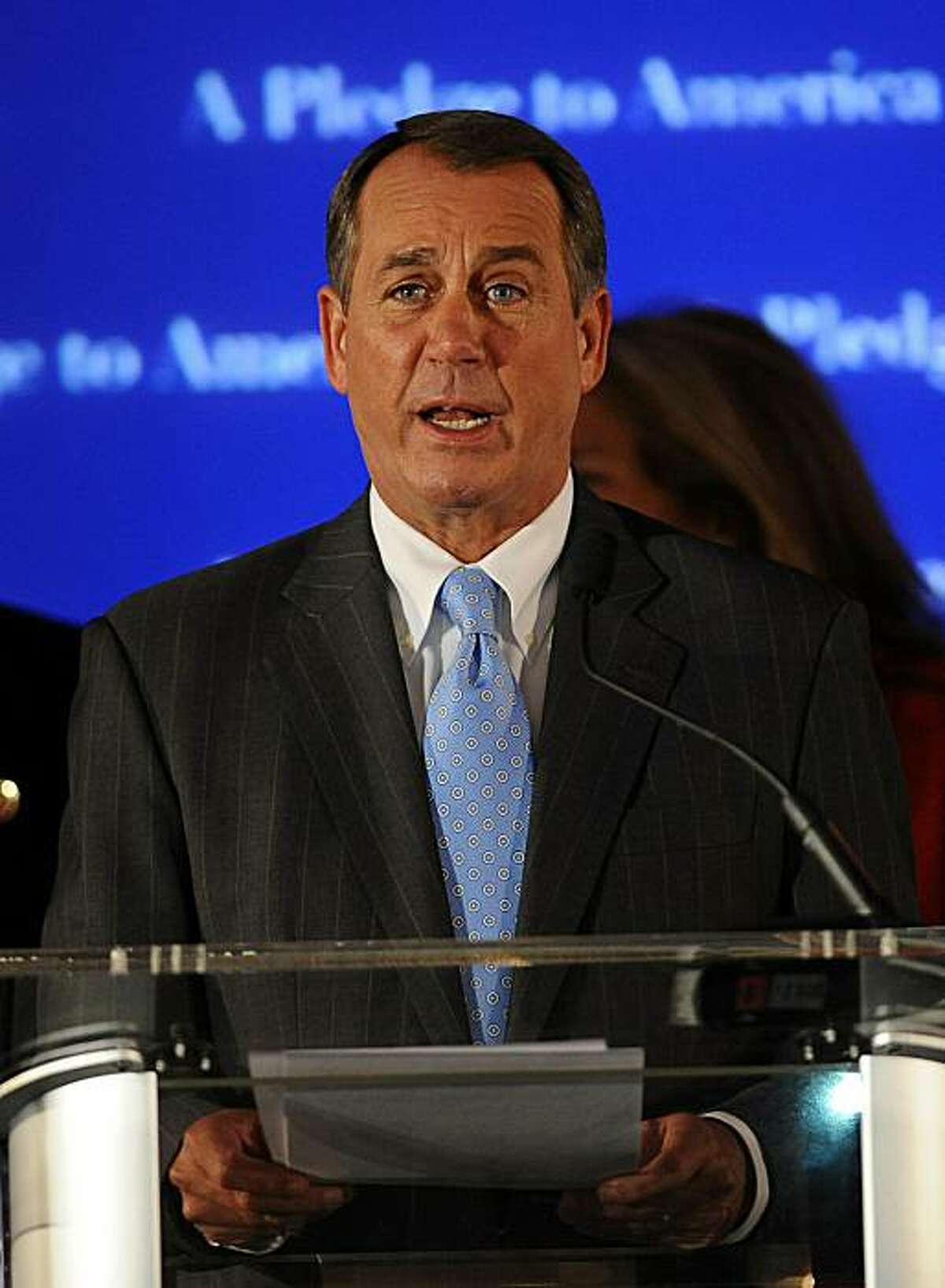 House Republican leader John Boehner, R-OH, speaks during the National Republican Congressional Committee Election Night Results Watch event in Washington, DC, on November 2, 2010. An emotional John Boehner, the presumed speaker-elect of the US House ofRepresentatives, told fellow Republicans at the victory party that Americans have sent President Obama message to 'change course'.