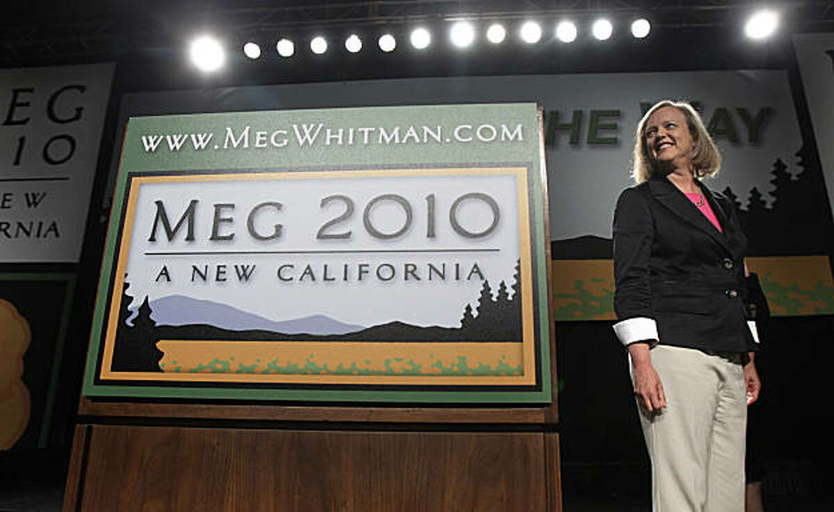 Republican gubernatorial candidate hopeful Meg Whitman takes the stage during a walk-through before an election night gathering in Los Angeles, Tuesday, June 8, 2010.