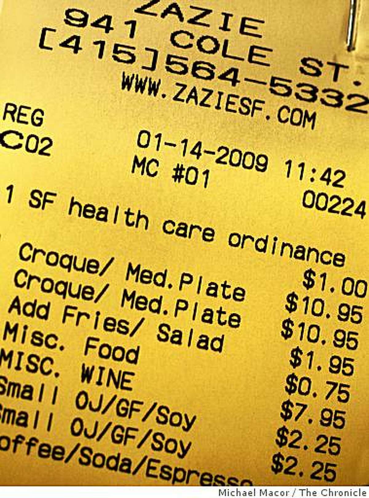 "Zazie" restaurant in the Cole Valleyt district of San Francisco, Calif. Owner Jennifer Paillet provides the required health care to her employees by adding a surcharge of $1 per customer onto each bill and is spelled out clearly for the customers to see on each check.