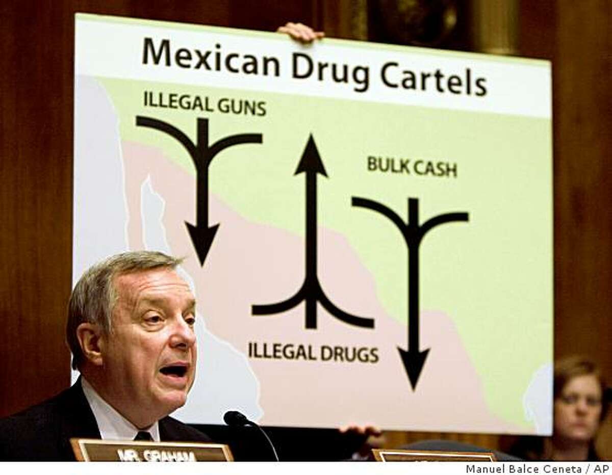 Senate Crime and Drugs subcommittee Chairman Sen. Richard Durbin, D-Ill. gives his opening statement during a hearing on law enforcement responses to the Mexican drug cartels, Tuesday, March 17, 2009, on Capitol Hill in Washington. (AP Photo/Manuel Balce Ceneta)