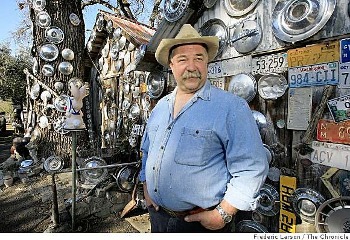 Mike Damonte the grandson of Litto Damonte (1892-1985) was left the Litto's ranch filled with his grandfathers private collection of hubcaps numbering in the thousands which has become a quirky roadside attrcation in Pope Valley, California.